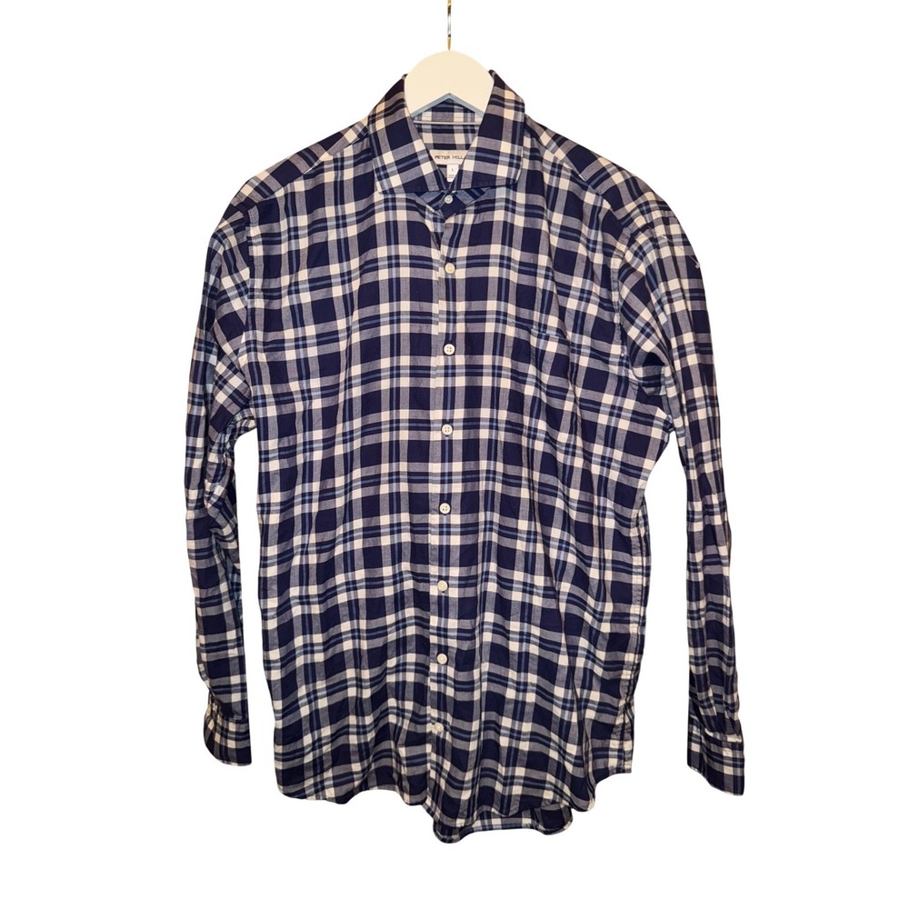 Peter Millar Mens Plaid Button Down Shirt Long Sleeve Blue White Size L